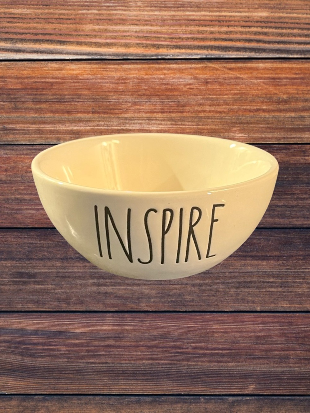 Rae Dunn Inspire Ceramic Bowl - Cream with Black Lettering with Apple on Reverse